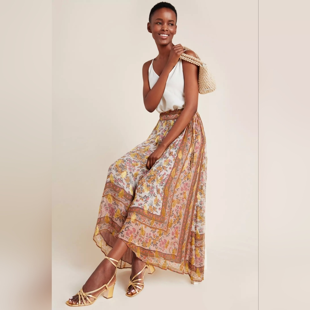 Anthropologie Floral Maxi Skirt - Pink and Gold